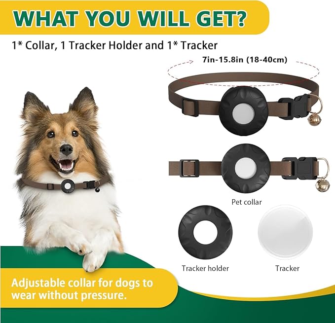 Dog Tracker Collar, No Monthly Fee Pet Tracker for Dogs (iOS Only), Pet Location Tracker with Safety Elastic Buckle, Air Tracker Tag Included, Only Support Apple Find My App (Brown)