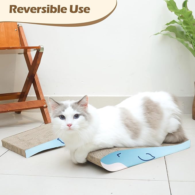 ComSaf Cat Scratching Board 2 Pack, Cat Scratcher Cardboard, Curved Cat Scratcher, Cute Cat Scratch Pad for Kitty, Recycle Cardboard Cat Scratcher, Double-Sided Pad for Long Lasting Use (Blue Whale)