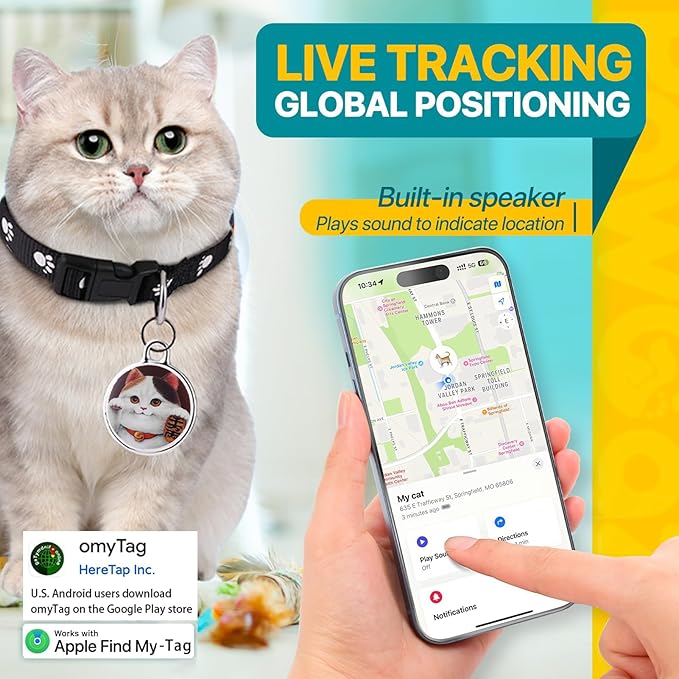 Cat Tracker-Pet Tracker-Cat Tracker Collar | No Charging Required | No Monthly Fee | Waterproof | Works with Any Collar (Android and iOS Universal)