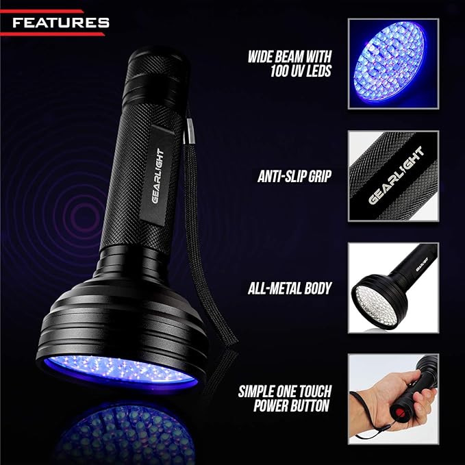 GearLight UV Black Light Flashlight XR98 - Powerful Patented 100 LED Blacklight Flashlights, Pet Stain Detector for Dog Urine, Scorpions, and Bed Bugs - Works with Carpet Odor Eliminator and Remover