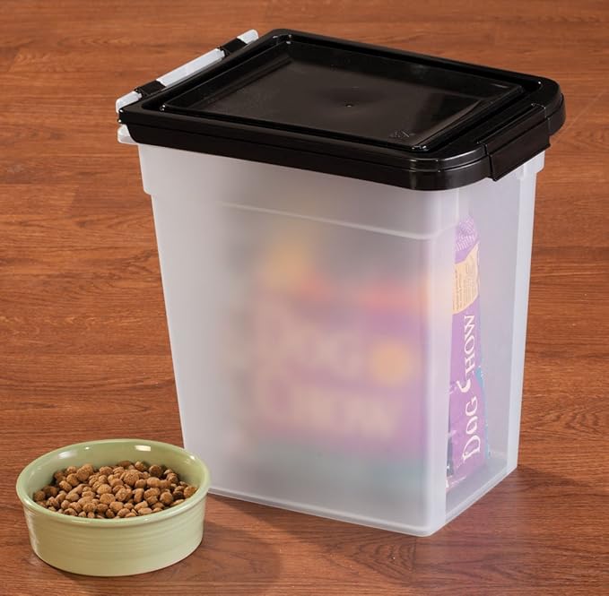 IRIS USA WeatherPro Airtight Pet Food Storage Container, Up to 10 lbs, for Dog Cat Bird and Other Pet Food Storage Bin, Keep Fresh, Translucent Body, BPA Free, Clear/Black