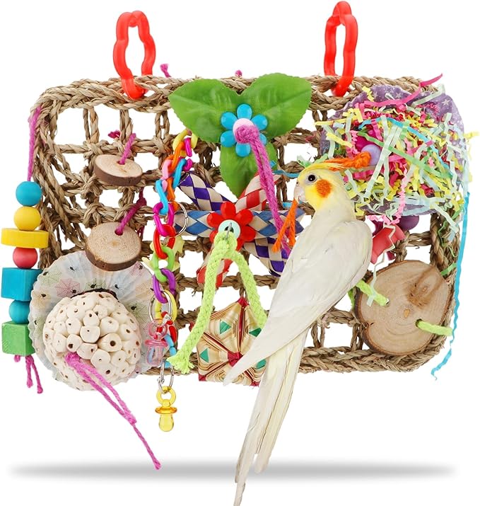 Hypeety Bird Toys Parrot Foraging Toys Bird Chew Toys Parakeet Shredding Seagrass Climbing Mat with Various Toys for Conure, Cockatiel, Lovebird, Parakeet, Budgie (M(Solla Ball))