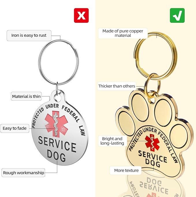 Service Dog Double Sided Service Dog ID Tag with Red Medical Alert Symbol and Protected Under Federal Law, Easily Attach to Collar, Harness, Vest