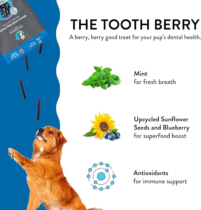 Shameless Pets Dental Treats for Dogs, The Tooth Berry - Healthy Dental Sticks with Immune Support for Teeth Cleaning & Fresh Breath - Dog Bones Dental Chews Free from Grain, Corn & Soy