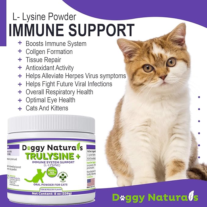 Trulysine Plus L-Lysine for Cats Immune Support Oral Powder 8oz/226g - Cats & Kittens of All Age, Sneezing, Runny Nose Squinting, Watery Eyes-Fish & Poultry Flavor (U.S.A)(225 Grams (900mg / Scoop))