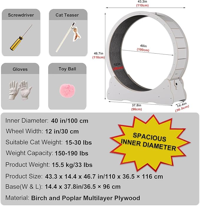 Cat Wheels for Indoor Cats. Extra Large Diameter Cat Treadmill. Made of Natural Solid Wood. Inside Diameter 40in/100cm. Including Installation Tools and Cat Teaser. (White)