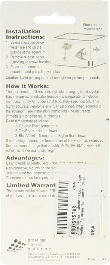 Liquid Crystal Vertical Aquarium Thermometer, Small