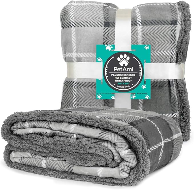 PetAmi WATERPROOF Dog Blanket for Bed, XL Dog Pet Blanket Couch Cover Protection, Sherpa Fleece Leakproof Bed Blanket for Crate Kennel Sofa Furniture Protector, Reversible Soft 80x60 Plaid Light Gray