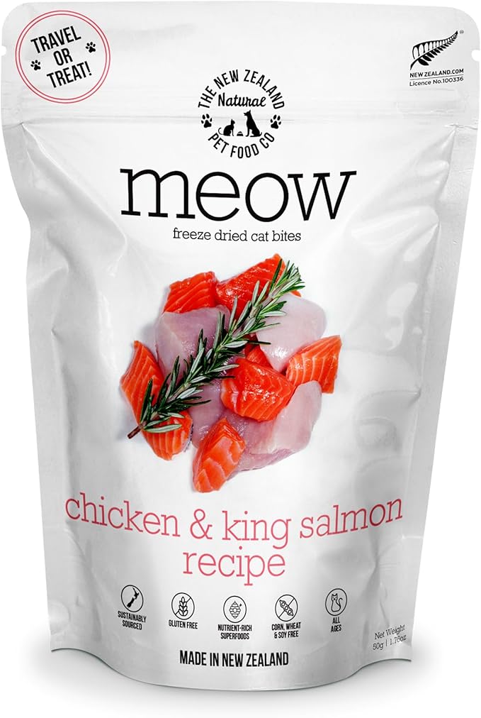 Meow Chicken & King Salmon Freeze Dried Raw Cat Food, Mixer, or Topper, or Treat - High Protein, Natural, Limited Ingredient Recipe 1.76 oz