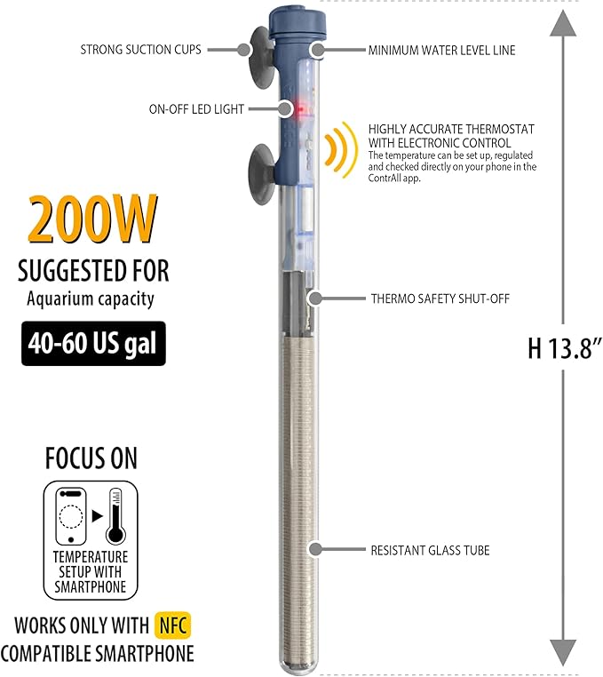 Sicce Scuba 200 Watt Aquarium Fish Tank Heater Smartphone Controlled via NFC Contactless App Adjustable | 200W Submersible for Marine Saltwater and Freshwater | Run Dry Protection