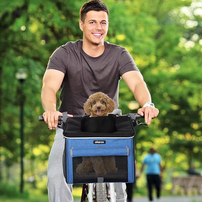 Dog Bike Basket, Soft-Sided Pet Bike Carrier with 4 Mesh Windows for Small Dog Cat Puppies - Blue