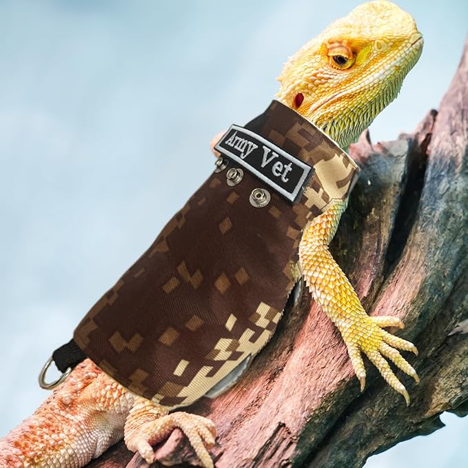 Bearded Dragon Harness and Leash Set - Adjustable Lizard Harness with Replaceable Patch Outdoor Traction Rope Walking Training Leash Reptile Halloween Costume Accessories for Small Pets (Brown)