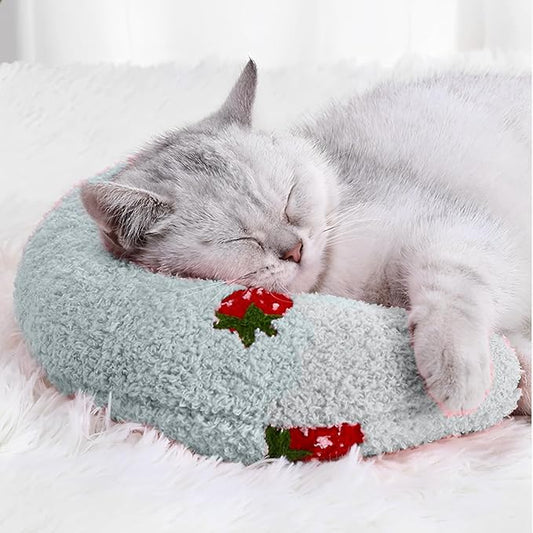 Dog Calming Pillow, Blue U-Shaped Ultra Soft High Density Pillow for Cats with Strawberry Patterns Dog Neck Pillow Pet Pillow for Anxiety Relief and Sleeping Improvement