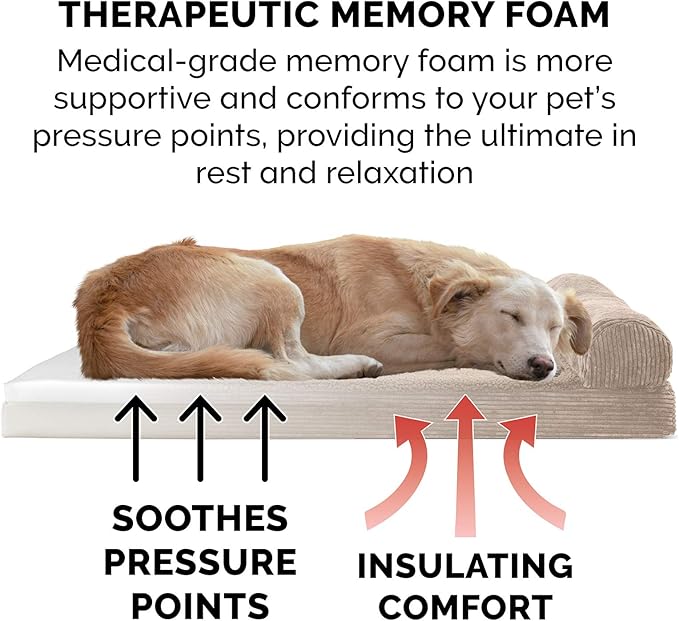 Furhaven Memory Foam Dog Bed for Large Dogs w/ Removable Bolster & Washable Cover, For Dogs UP to 125 lbs - Fleece & Corduroy Bolster Chaise - Sandstone, Jumbo Plus/XXL