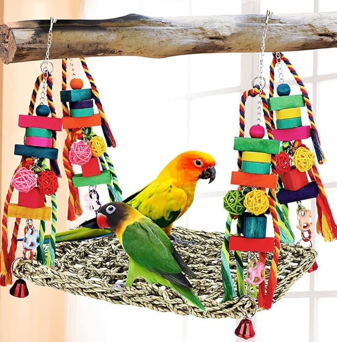 Bird Toys Parakeet Toys Conure Toys Bird Foraging Wall Toy,Seagrass Woven Hammock Swing Mat for Climb Perch Swing with Colorful Wooden Chewing Toys for Lovebirds,Parakeets,Conure,Cockatiel (Large)