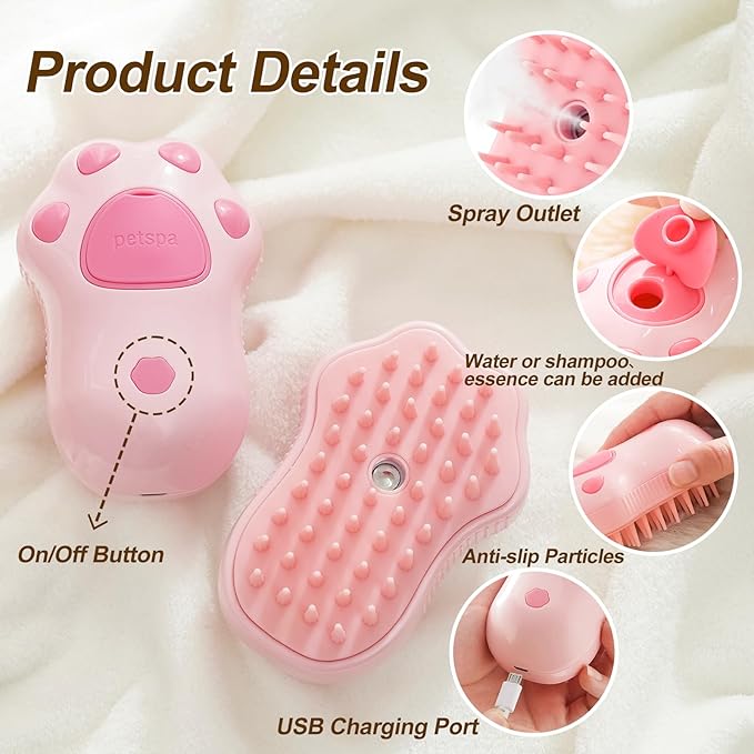 Cat Steam Brush, 3 in 1 Cat Steamy Brush, Silicone Massage Grooming Brush, Pet Hair Cleaning Brush Comb for Cats Dogs(Pink Cat Paw)