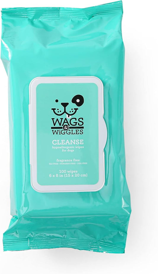 Wags & Wiggles Cleanse Hypoallergenic Wipes 100ct | Hypoallergenic Dog Wips 100 Count Package, Fragrance Free | Waterless Bathing to Keep Pets with Sensitive Skin Clean (FF22031)