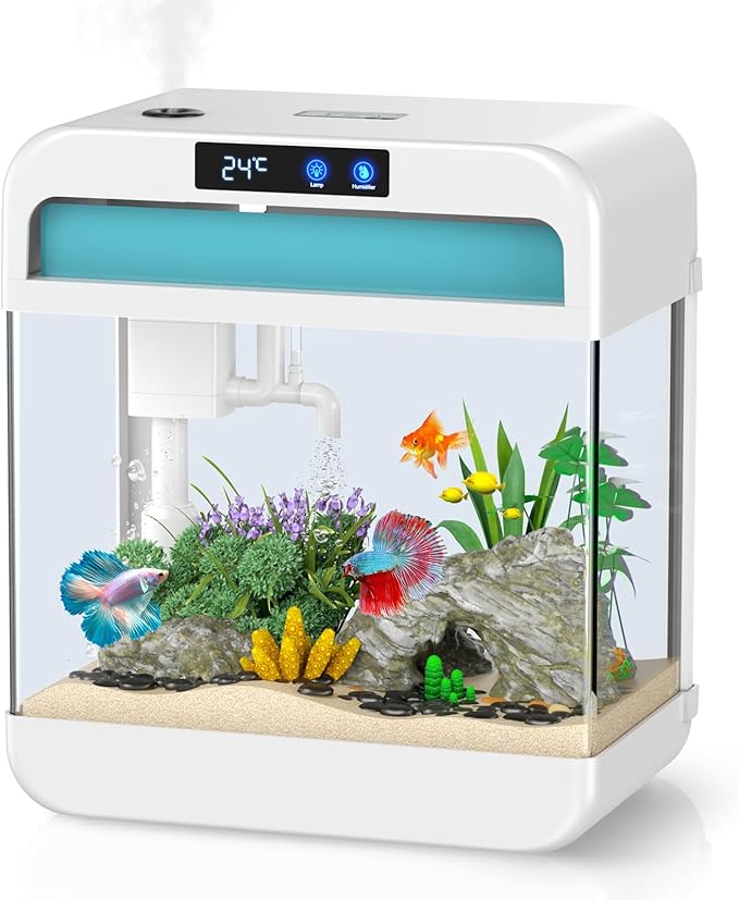 Fish Tank Aquarium 2.2 Gallon with Humidifier 7 Color Auto-Looping Light Self Cleaning 3 in 1 Pump with Filteration & Oxygenation & Circulation, Temperature Display, HD Float Glass, Thickened Base