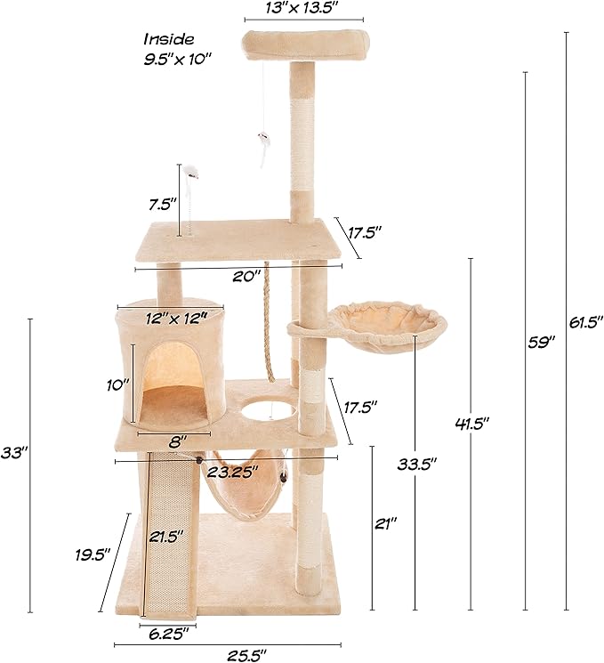 PETMAKER 4-Tier Deluxe Cat Tower - Large Scratching Board, 6 Scratch Posts, Napping Perches, Kitty Condo Hut, 2 Hammocks and Hanging Toys