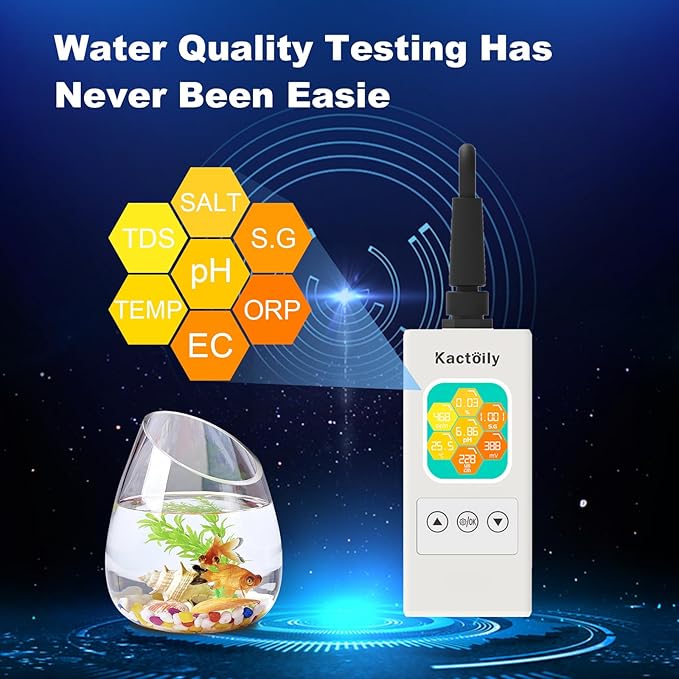 Upgraded 7 in 1 Professional Fish Tank Water Quality Tester, PH Meter,TDS Meter, EC Meter, Salinity Tester, S.G Meter, Temperature, ORP Meter, Real-Time Monitoring on The Same Screen