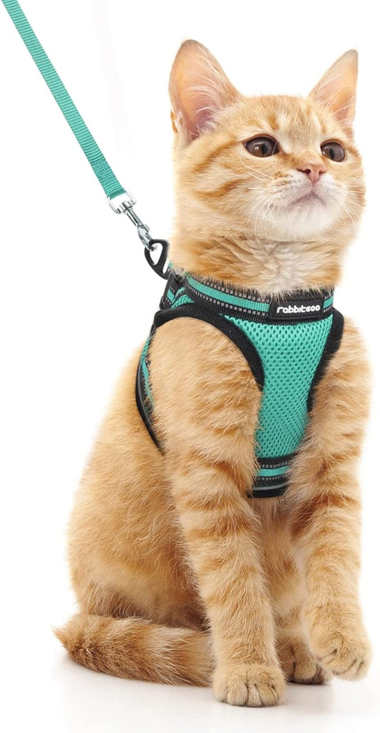 rabbitgoo Cat Harness and Leash Set for Walking Escape Proof, Adjustable Soft Kittens Vest with Reflective Strip for Cats, Comfortable Outdoor Vest,Green,M