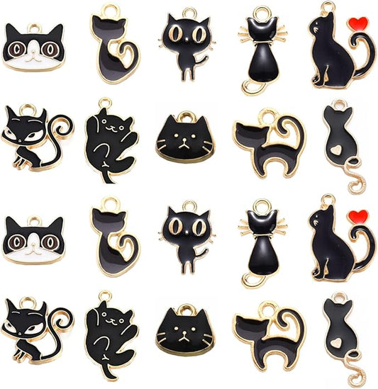 LiQunSweet 50 Pcs 10 Styles Enamel Kitten Animals Black Cat Charms for Jewelry Making Earrings Bracelet Necklace DIY