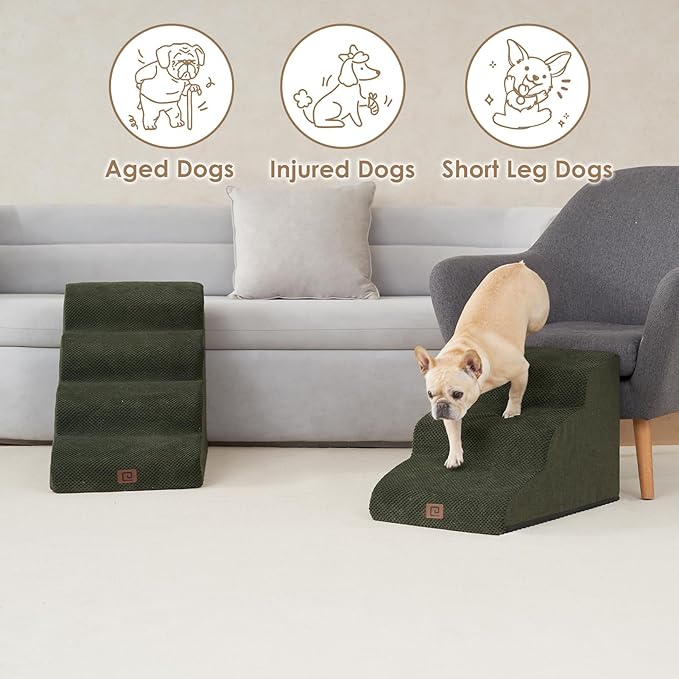 EHEYCIGA Curved Dog Stairs for Small Dogs 15.7" H, 3-Step Dog Steps for Couch Sofa and Chair, Pet Stairs for Cats, Non-Slip Balanced Pet Steps Indoor, Olive Green