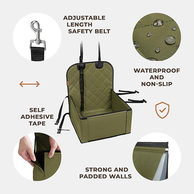 Extra Stable Dog Car Seat - Robust Car Dog Seat or Puppy Car Seat for Small to Medium-Sized Dogs - Reinforced Walls and 3 Belts - Waterproof Pet Car Seat for Back and Front Seat (Khaki/Black)