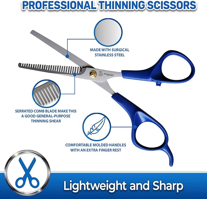 PET MAGASIN Pet Thinning Shears - Professional Thinning Scissors with Toothed Blade - Blue