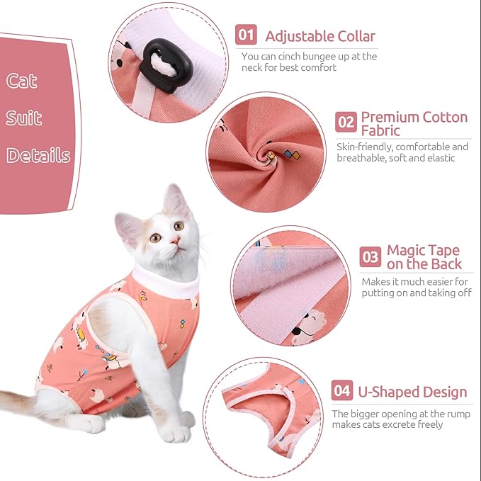 SUNFURA Cat Recovery Suit, Kitten Surgical Full Bodysuit for Abdominal Wound Protector Anti Licking After Surgery, Professional Bandages Cone E-Collar Alternative for Small Male & Female Pets