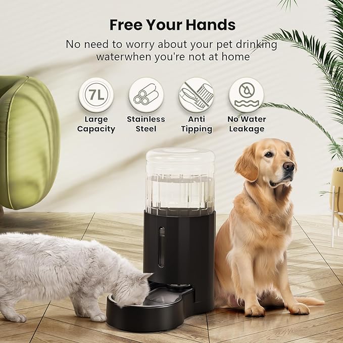 CZPET Automatic 7L Dog and Cat Water Dispenser with Stainless Steel Bowl Gravity Waterer,100% BPA-Free,Large Capacity and Drinking Area Noise-Free for Pets(7L Water Dispenser, Black)