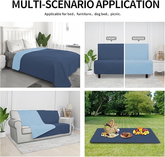 Easy-Going 100% Waterproof Dog Bed Cover Reversible Leak Proof Couch Cover Washable Sofa Cover Furniture Protector Blanket for Pets Kids Children Dog Cat (82x86 Inch, Dark Blue/Light Blue)