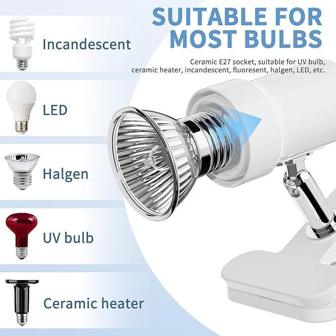 Reptile Heat Lamp, Rotatable UVA/UVB Light Lamp with 2PCS 50W Basking Bulbs, Suitable for Reptiles, Amphibians, Turtle, Lizard, Spiders, Birds, Snake (White)