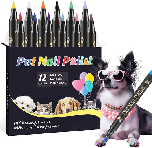 Dog Nail Polish Pens Quick Dry,12 Colors Safe Dog Nail Polish Set to DIY Pretty Nails, Ideal Gifts for Dogs Cats Light Dark Nails, Odorless, Non-Toxic, Water-Based Pet Nail Accessories Set