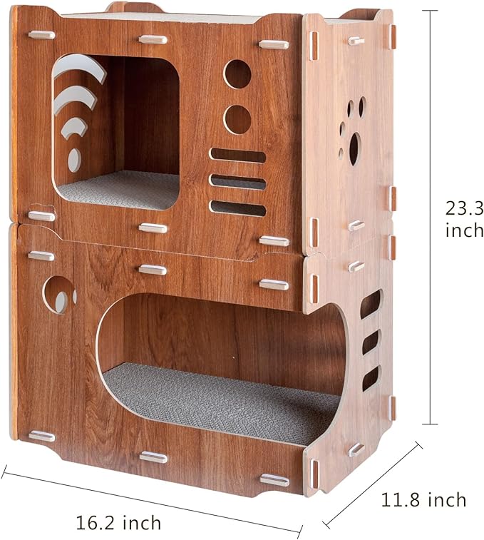 Wooden Cardboard Cat House 2 Story with 4 PCS Cat Scratch Pads Wood Cat Scratcher House Cat Scratchers Lounge Bed for Indoor Cats Cute Cat Box Cat Scratching House(Double Layer)