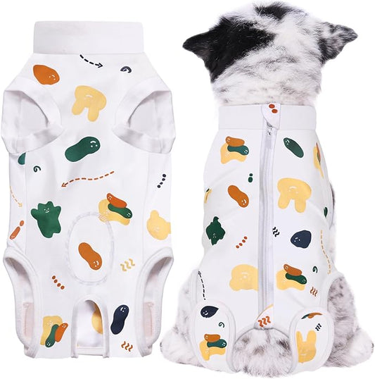 Recovery Suit for Dogs, Dog Surgery Recovery Suit with Zipper Closure Post Spay, Neuter, Abdominal Surgical Suit for Male Female Dogs Can Pee, Prevent Licking Dog Onesies, White Bear, M