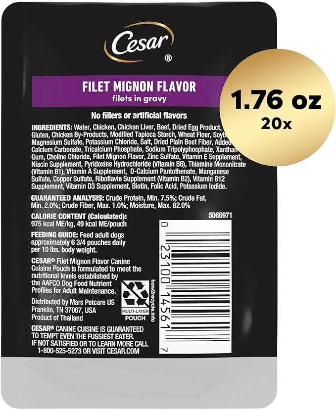 Cesar Filets in Gravy Wet Dog Food Filet Mignon Flavor, 1.76 oz. Mini-Pouch, 20 Pack