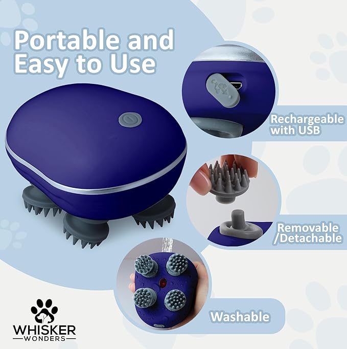 Scalp Massager Pet-Friendly Silicone Massage Brush - Soothing Head, Scalp and Body Scrubber for Pets - Cat Face Electric Sratchers - Gentle Grooming Tool for Ultimate Relaxation (Blue)