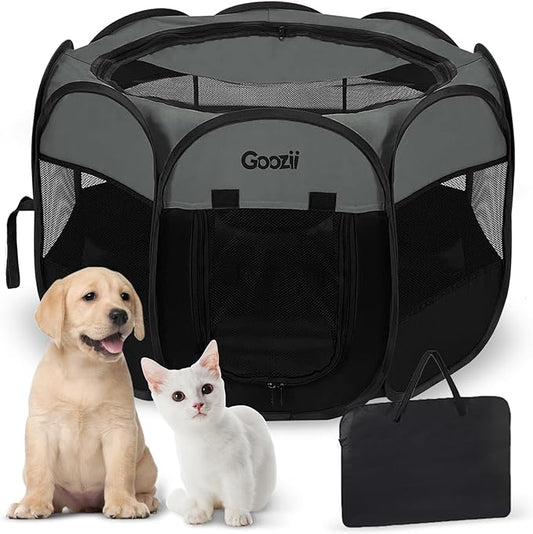 Portable Dog Playpen for Small Dogs, Collapsible Pet Cat Playpen Indoor outdoor with Zipper Top Cover (Small Size, Grey-Black)