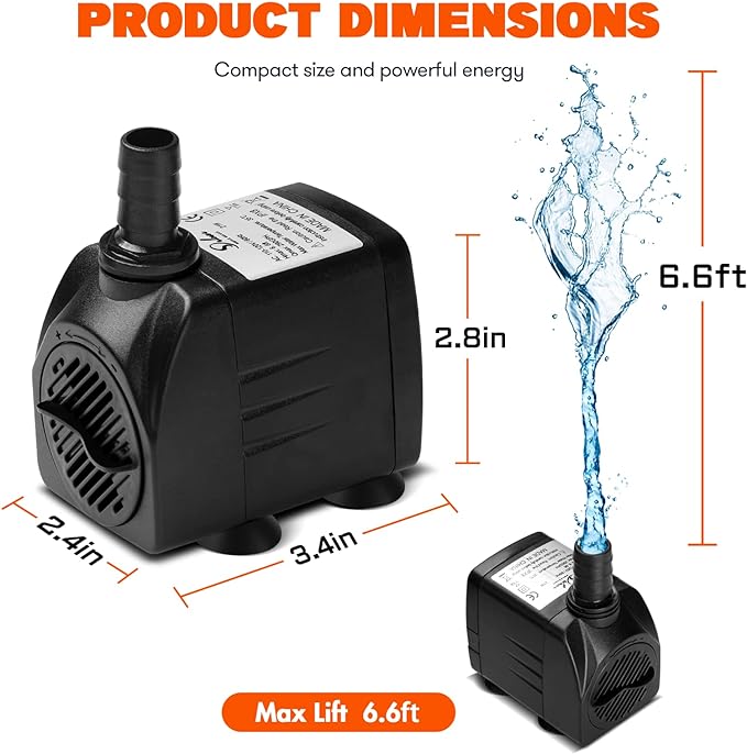 Simple Deluxe 290 GPH Submersible Water Pump with Adjustable Intake, 21W durable fountain water pump for Fish Tank, Hydroponics, Fountains, Ponds, Aquariums Black