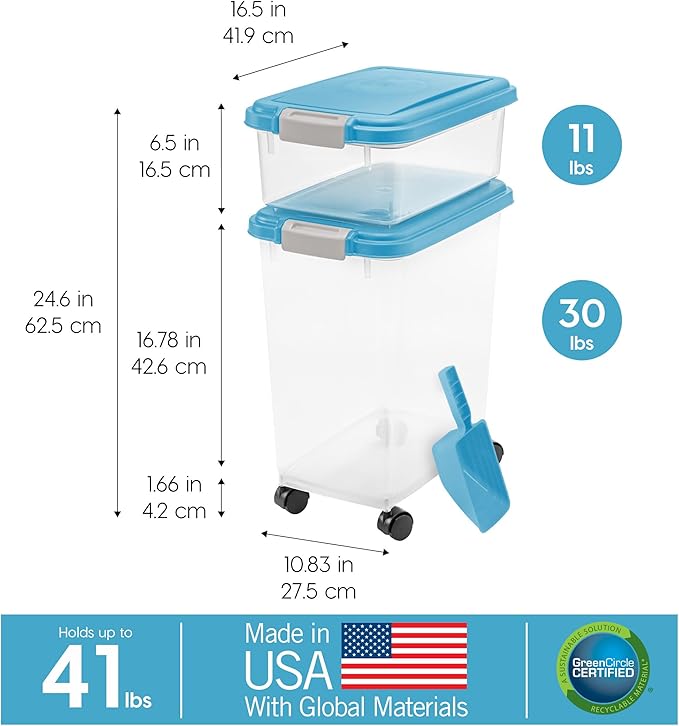 IRIS USA 30 lbs & 11 lbs Combo Airtight Dog Food Storage Container, Stackable Treat Box, 2-Cup Scoop, Wheels, Keep Fresh, Easy Mobility, Blue Moon