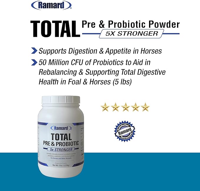 Total Prebiotic & Probiotic Equine Formula - Natural Digestive Supplement for Horses Optimal Gut Health, Nutrient Absorption, Foal Support Pro & Pre Biotics for Livestocks and Horse 5 lbs Jar