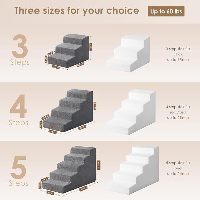 EHEYCIGA Dog Stairs for High Beds 22.5" H, 5-Step Dog Steps for Small Dogs and Cats, Slope Pet Steps with Non-Slip Bottom, Dark Grey