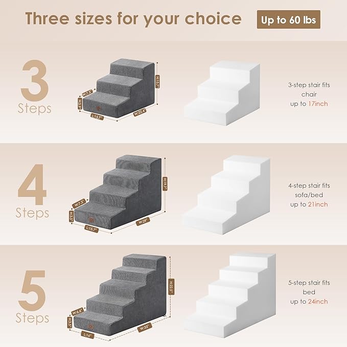 EHEYCIGA Dog Stairs for Small Dogs 15.7" H, 3-Step Dog Steps for Small Dogs and Cats, Slope Pet Steps with Non-Slip Bottom, Dark Grey