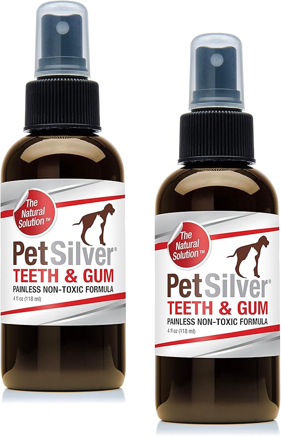 PetSilver Teeth & Gum Spray, Patented Chelated Silver, Dog Teeth Cleaning, Natural Dog Breath Freshener, Cat Teeth Cleaning Without Brushing, Dog Dental Spray, Made in The USA, 2-Pack 4 oz