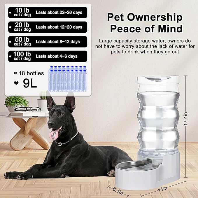 RIZZARI Automatic 9L Pet Waterer, Gravity Dog Water Bowl Dispenser, Stainless Steel Cat Water Dispenser, Large Capacity Water Feeder for Small and Medium-Sized Cats and Dogs (9L,without Filter)