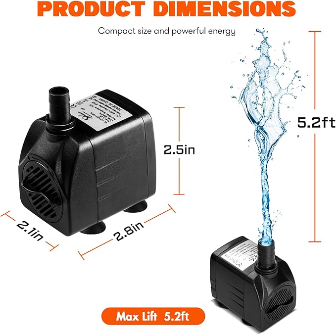 Simple Deluxe 200GPH Submersible Water Pump (760L/H, 15W) with Adjustable Intake, 5.2ft High Lift, 2 Nozzles, Perfect for Fish Tank, Pond, Aquarium, Hydroponics Black