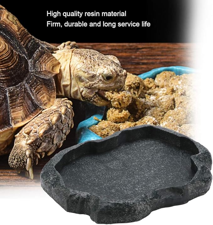 HEEPDD Reptile Bowl, Resin Rock Reptile Food and Water Feeder Pet Aquarium Ornament Terrarium Dish Plate for Tortoise Lizard Iguana(Dark green M)