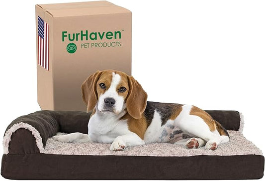 Furhaven Cooling Gel Dog Bed for Medium/Small Dogs w/ Removable Bolsters & Washable Cover, For Dogs Up to 35 lbs - Two-Tone Plush Faux Fur & Suede L Shaped Chaise - Espresso, Medium