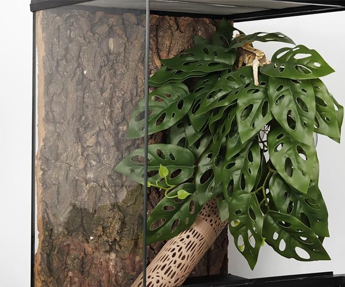 Reptile Plants for Terrarium, Amphibian Habitat Decor Artificial Hanging Plants with Suction Cup - Fake Swiss Cheese Plants Monstera Adansonii